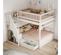 kozamas Litera de 140 x 200 cm de madera maciza blanca con escalera de almacenamiento y cajones, cama alta con barandillas de seguridad, incluye somier