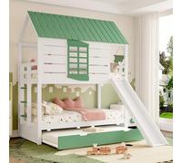 kozamas Litera de 90 x 200 cm, cama infantil con tobogán y cama nido, cama alta con techo, ventana, escalera, barandilla, somier, blanco/verde, para habitación infantil