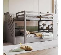 kozamas Litera de 90 x 200 cm con escalera de seguridad y compartimentos de almacenamiento, cama alta de madera de pino, 2 cajones, estructura de valla alta, gris, incluye somier