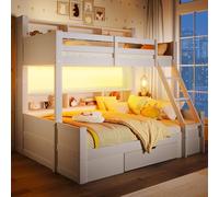 kozamas Litera de 90 x 200 y 140 x 200 cm con LED y espacio de almacenamiento, cama alta blanca con escalera, compartimentos abiertos, cajón y somier de láminas para familias