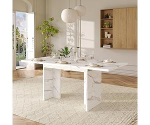kozamas Mesa de comedor extensible de 140/180 x 80 cm con tablero de mármol de 30 mm de grosor, patas en forma de T, para 6-8 personas, color blanco