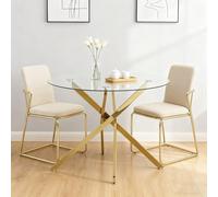 kozamas Mesa de comedor - Mesa de cocina redonda de cristal templado con base en cruz dorada o plateada, diseño minimalista para 2 - 4 personas, color dorado y plateado