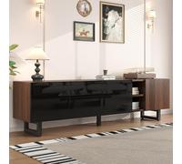 kozamas Mueble bajo para TV de 180 x 38 x 50 cm, color negro y natural, para televisores de 65 pulgadas, mueble bajo con 4 puertas, compartimentos abiertos, alto brillo, aparador de TV, armario de