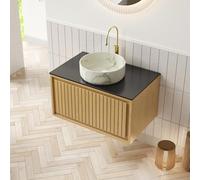 kozamas Mueble de baño colgante con lavabo redondo blanco, lavabo montado en la pared con cajón, placa de piedra sinterizada negra y decoración de roble Corolla a rayas