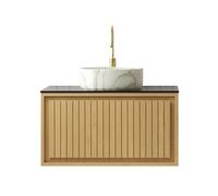 kozamas Mueble de baño colgante con lavabo redondo blanco y lavabo de pared con cajón, tapa de piedra sinterizada negra y decoración de roble Corolla a rayas