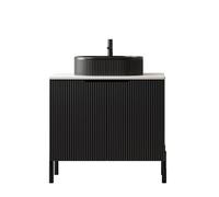 kozamas Mueble de baño independiente de 76 cm con encimera Carrara y lavabo de cristal negro ovalado | armario de baño con puertas dobles | moderno juego de muebles de baño en blanco y negro