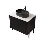 kozamas Mueble de baño independiente de 76 cm con lavabo ovalado de cristal negro y encimera Carrara, armario de baño de doble puerta, moderno juego de muebles de baño en blanco y negro