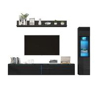 kozamas Mueble de salón para TV de hasta 80 pulgadas | Juego de 3 piezas con mueble de TV, vitrina y estante colgante | Negro brillante, iluminación LED con control de aplicación, puertas hidráulicas