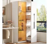 kozamas Vitrina de cristal con iluminación LED y extensión lateral, armario de vitrina con marco dorado y cristal ámbar, bisagras de cierre suave, ruedas y topes, 70 x 40 x 160 cm