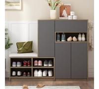 kozamas Zapatero, zapatero, armario de pasillo, almacenamiento de zapatos negro con banco, estante grande con compartimentos ajustables, puertas amortiguadoras antivuelco, ahorro de espacio