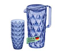 Koziol Juego de vasos de cristal de supercristal, 1,6 l + 4 vasos de 250 ml | Jarra con tapa de plástico transparente de lujo, irrompible, apilable, apta para lavavajillas, fiesta en el jardín