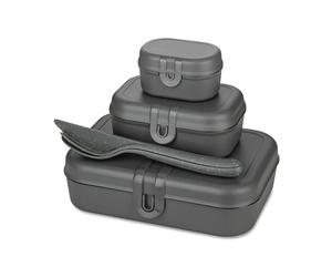 Koziol Set de 3 fiambreras y cubiertos Pascal Ready Nature ash grey