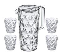 Koziol Superglas Crystal KANNE, Set de Jarra de 1,6 L y 4 Vasos de 200 ml, Plástico Transparente Irrompible con Efecto Diamante, Apilable y Apto para Lavavajillas, Ideal para Fiestas y Camping