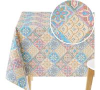 KP HOME Mantel Antimanchas con Diseño de Azulejos de Lisboa - Color Rosa, Beige, Azul, Mantel PVC Cuadrado 140 x 140 cm, Azulejo Portugués, Reutilizable Cubierta de Mesa Vistosa para 4 Asientos
