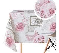 KP HOME Mantel Antimanchas con Diseño de Rosas Inglesas - Cuadrado 140 x 140 cm, Hule Mantel Impermeable Gris, Fácil de Limpiar, Cubierta de Mesa Elegante de Vinilo con Rosa en Tono Rosa Polvo