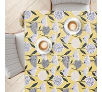 KP HOME Mantel Antimanchas de PVC Amarillo 140x140 cm - Cuadrado, Lavable, Impermeable, Hule Mesa Vinilo, Protector Interior y Exterior con Estampado Floral de Flores Grises Grandes y Efecto Brillante
