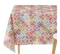 KP HOME Mantel de PVC que se limpia con un paño, mantel de vinilo con impresión de círculos GEO, 300 x 140 cm, rectangular, lavable, geométrico, morado, rojo, impermeable, 10 asientos, 118 x 55