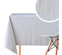 KP Home Mantel Hule Mesa Rectangular 250x140, Fácil de Limpiar, Mantel PVC, Exterior e Interior, Vinilo Impermeable Antimanchas, para 8 Asientos, Patrón de Flores Retro Color Gris con Detalles Blancos