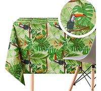 KP HOME Mantel Hule Mesa Rectangular 250x140, Fácil de Limpiar, Mantel PVC para Comendor, Exterior e Interior, Vinilo Impermeable Antimanchas, 8 Asientos, Patrón Tropical de Palmeras y Tucán, Verde