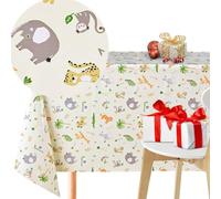 KP HOME Mantel Hule Mesa Rectangular 300 x 140 cm, Grande para 10 plazas - Divertido PVC Tipo Hule Impermeable para Niños, Color Crema Claro con Animales de Safari - Elefantes, Tigres, Cebras, Jirafa
