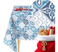 KP HOME Mantel Hule Mesa Rectangular 300x140, Fácil de Limpiar, Mantel PVC, Exterior e Interior, Vinilo Impermeable Antimanchas, para 10 Asientos, Patrón de Azulejos de Lisboa, Blanco y Azul Marino