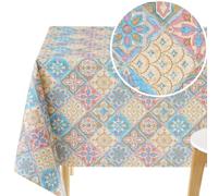 KP HOME Mantel Hule PVC 200x140 Patrón de Azulejos de Lisboa Mantel Beige Rosa Mediterráneo Diseño Impermeable Hules Plastificado para Mesas Rectangular, Cocina Jardín Lavable 2m