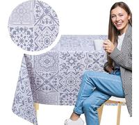 KP HOME Mantel Hule PVC Azul y Gris 140 x 140 cm - Impermeable, Reutilizable, Fácil de Limpiar - Cuadrado Hule Mesa Estilo Portugués con Estampado de Azulejos Porto para Interior y Exterior