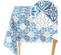 KP HOME Mantel mediterráneo de PVC, fácil de limpiar, 140 x 140 cm, mantel lavable hasta 4 asientos, mantel de vinilo impermeable, estampado de azulejos de Porto Azulejo de Lisboa, azul marino,