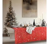 KP HOME Navidad Mantel Hule Mesa Rectangular 300x140, Fácil de Limpiar, Mantel PVC, Exterior e Interior, Vinilo Impermeable Antimanchas, para 10 Asientos, Diseño de Copos de Nieve Dorados, Color Rojo
