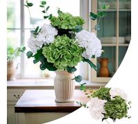 KP HOME Ramo de Hortensias Artificiales con Acabado Realista, Grande 50 cm - Set de 4 Flores Artificiales Decoracion Verde y Blanco + 2 Ramas de Eucalipto para Hogar, Boda, Fiesta, Oficina