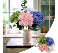 KP HOME Ramo de Hortensias Artificiales con Acabado Realista, Grande 50 cm - Set de 4 Flores Artificiales Decoracion (Azul, Blanco, Rosa, Verde) + 2 Ramas de Eucalipto para Hogar, Boda, Fiesta