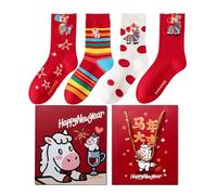 KPHYMOD Calcetines 4 Pares De Calcetines De Algodón Rojo De La Suerte para El Año del Caballo - Calcetines del Zodiaco Bordados del Año Nuevo Chino, Regalo Festivo Unisex(Red-2)