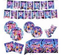 Kpop Demon 52 piezas decoración de cumpleaños, vajillas de cumpleaños surtidos, vajilla de fiesta Hun-trix, banderas alegres, plato, taza, servilletas de papel, mantel, decoración de fiesta