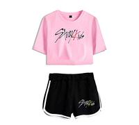 KPOP Stray Kids Conjuntos Deportivos para Mujer Album MIROH Chándales Deportiva Camiseta y Pantalones Cortos Cuello Redondo Crop Top Deportiva Corto T-Shirt Verano para Yoga Fitness