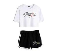 KPOP Stray Kids Conjuntos Deportivos para Mujer Album MIROH Chándales Deportiva Camiseta y Pantalones Cortos Cuello Redondo Crop Top Deportiva Corto T-Shirt Verano para Yoga Fitness