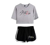 KPOP Stray Kids Conjuntos Deportivos para Mujer Album MIROH Chándales Deportiva Camiseta y Pantalones Cortos Cuello Redondo Crop Top Deportiva Corto T-Shirt Verano para Yoga Fitness
