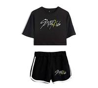 KPOP Stray Kids Conjuntos Deportivos para Mujer Album MIROH Chándales Deportiva Camiseta y Pantalones Cortos Cuello Redondo Crop Top Deportiva Corto T-Shirt Verano para Yoga Fitness