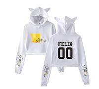 KPOP Stray Kids Sudaderas con Capucha de Manga Larga de otoño Invierno Cat Ear Yellow Wood Impresión Hoodies Crop Top Hip Hop Suelto Pullover Bang Chan Changbin Hyunjin Han Felix Seungmin