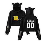 KPOP Stray Kids Sudaderas con Capucha de Manga Larga de otoño Invierno Cat Ear Yellow Wood Impresión Hoodies Crop Top Hip Hop Suelto Pullover Bang Chan Changbin Hyunjin Han Felix Seungmin