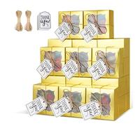 KPOSIYA 20 cajas de panadería doradas con ventana, cajas individuales para cupcakes de 4 x 4 x 2.5 pulgadas, cajas de galletas de papel kraft dorado para pasteles, galletas, pasteles, donas,