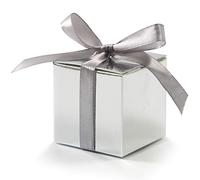 KPOSIYA Paquete de 70 cajas de regalo de 2 x 2 x 2 pulgadas, cajas de regalo plateadas con cintas para decoraciones de boda, baby shower, suministros de fiesta de cumpleaños