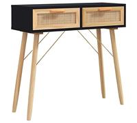KPWENFBSL Mesa consola negra 80 x 30 x 75 cm - Mesa de pasillo de madera maciza de pino y ratán natural - Mesa auxiliar estrecha con 2 cajones para pasillo y salón en diseño escandinavo