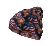 KPXXAQT Gorro de punto con estampado de fuegos artificiales de bandera estadounidense, muy elástico, gorro de invierno suave, unisex, color negro