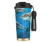 KPXXAQT Taza de acero inoxidable con estampado de delfines, tortugas marinas, tiburones, pulpos, arrecifes de coral, taza de viaje para café, viajes, oficina, aventuras al aire libre