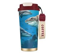 KPXXAQT Taza de acero inoxidable con estampado de delfines, tortugas marinas, tiburones, pulpos, arrecifes de coral, taza de viaje para café, viajes, oficina, aventuras al aire libre