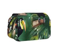 KPXXAQT Tucanes - Estuche de doble capa con estampado de hojas de loro, palmera, 2 bolsillos, estuche para lápices, suministros de arte de oficina, fácil de limpiar