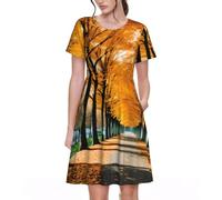 KPXXAQT Vestido de verano con estampado de hojas de otoño, elegante, para uso diario, casual, manga corta, cuello redondo, Negro, XXL