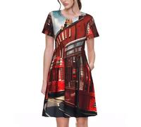 KPXXAQT Vestido de verano de manga corta con cuello redondo y estampado callejero de Londres, para uso diario, informal, para mujer, Negro, L
