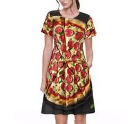 KPXXAQT Vestido de verano de manga corta con cuello redondo y estampado de pizza grande para mujer, estilo informal, para uso diario, Negro, XL