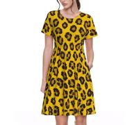 KPXXAQT Vestido elegante con estampado de leopardo amarillo para mujer, para uso diario, casual, manga corta, vestido de verano con cuello redondo, Negro, XL